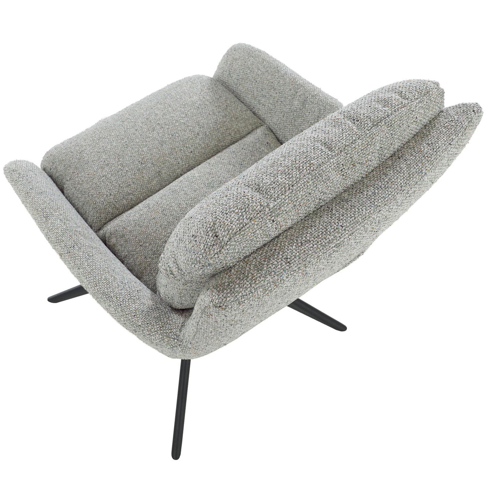 Grauer Armlehnstuhl LEIA von Zurbrüggen, schräg von oben fotografiert, mit schwarzen Metallbeinen und gepolsterten Armlehnen.