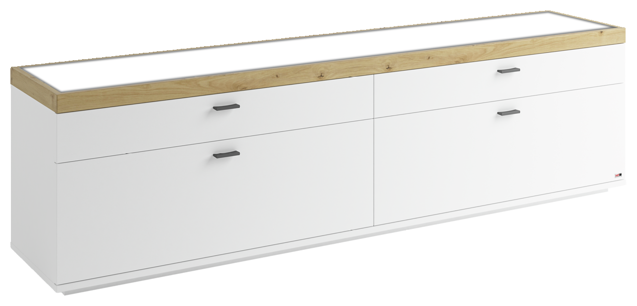 TV-Lowboard in Weiß mit Holzoberfläche, seitliche Perspektive