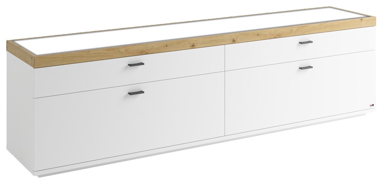 TV-Lowboard in Weiß mit Holzoberfläche, seitliche Perspektive