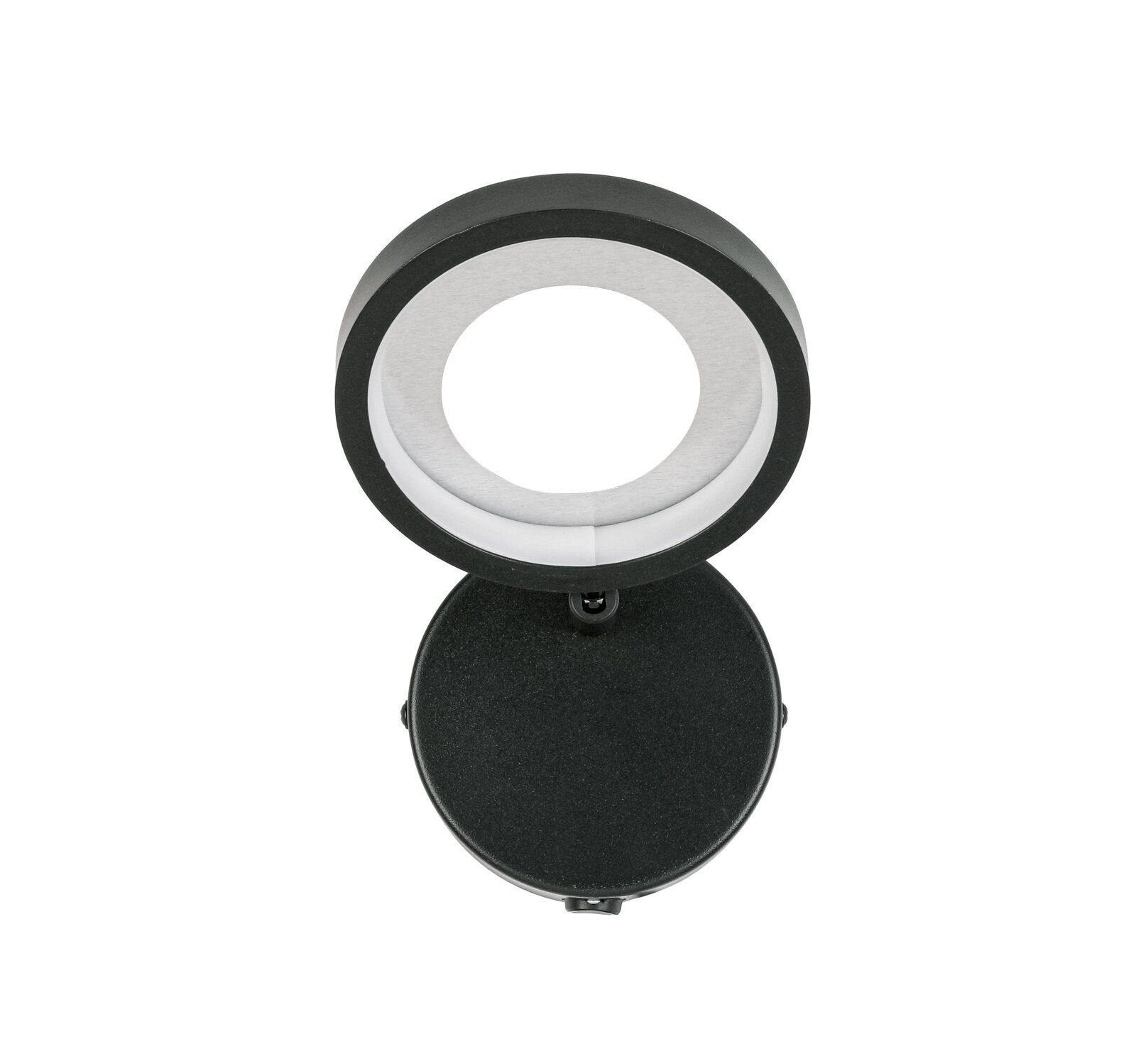 LED-Strahler in schwarzer Farbe, von oben betrachtet, mit rundem Leuchtkopf und Basis.