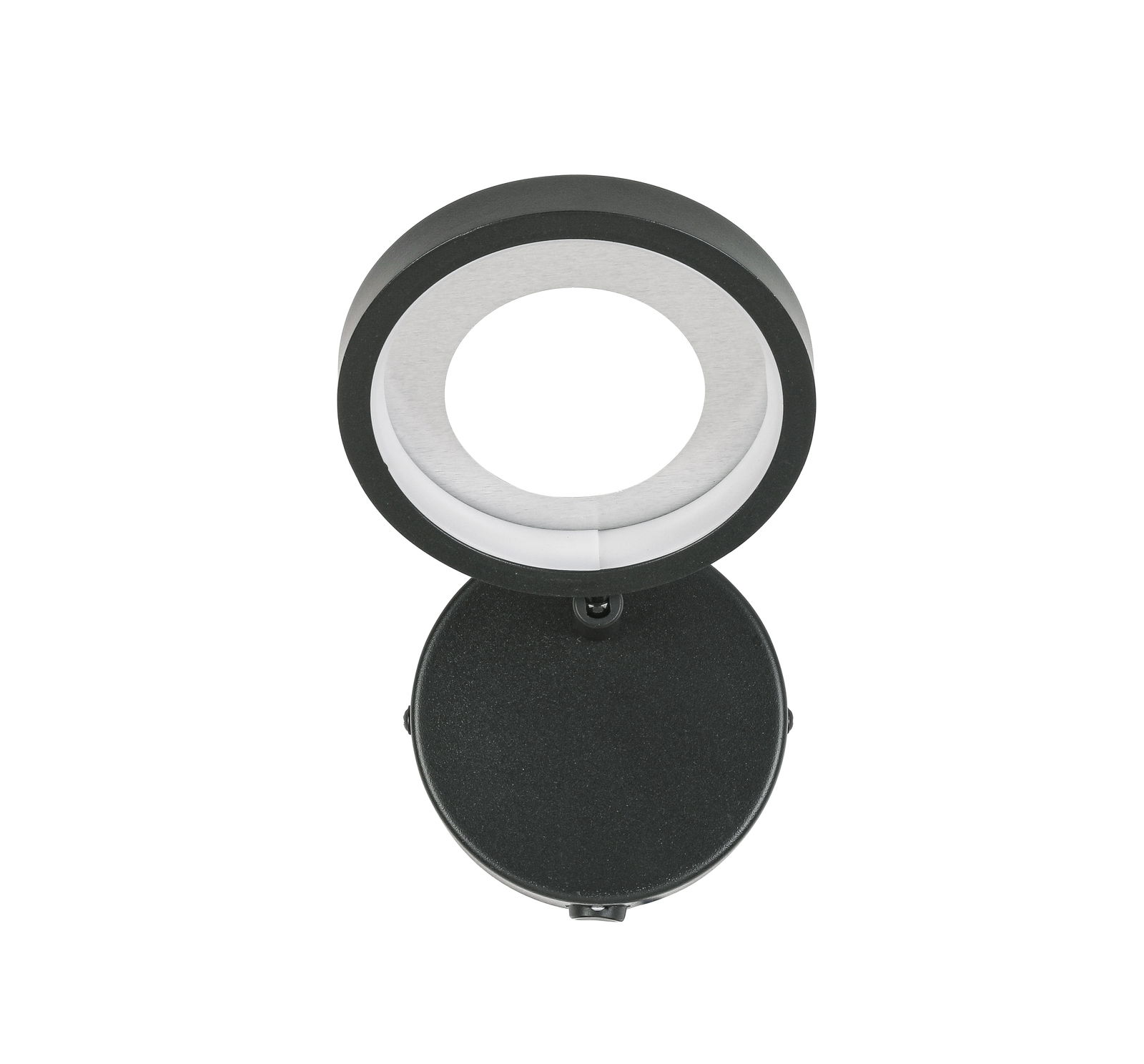 LED-Strahler in schwarzer Farbe, von oben betrachtet, mit rundem Leuchtkopf und Basis.