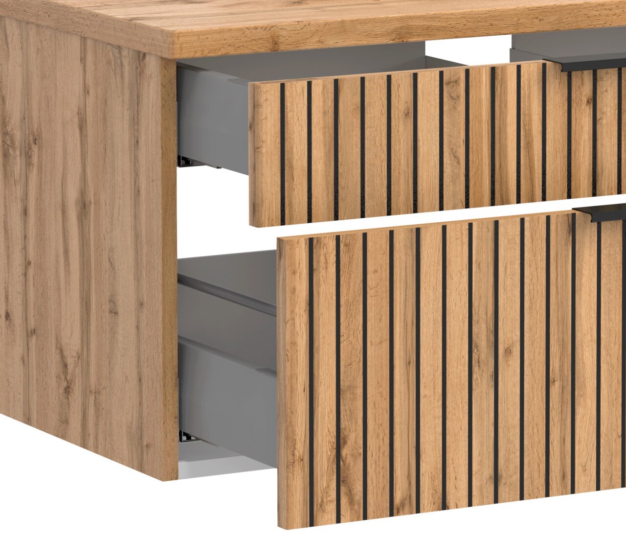 Close-up van een wastafelmeubel met houtlook en open lades, zijaanzicht