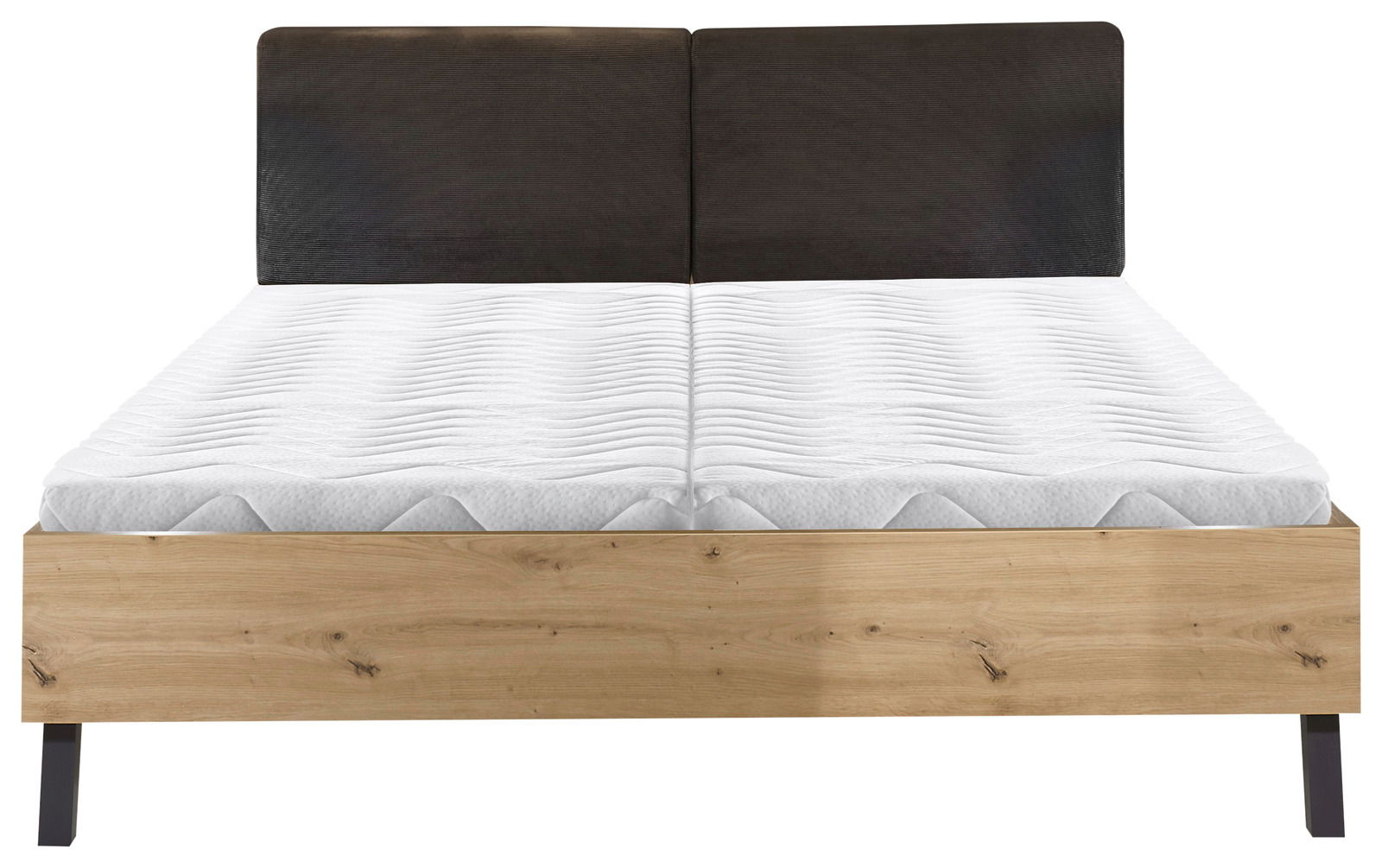 Modernes Bett mit dunklem Kopfteil und hellem Holzrahmen, Vorderansicht