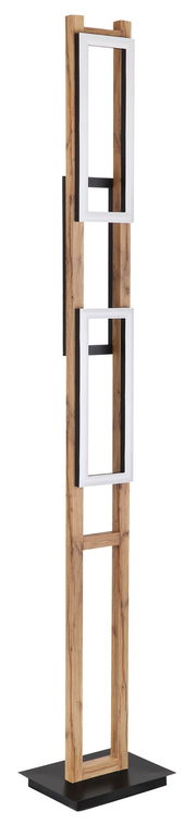 Moderne Stehleuchte aus Holz und Metall mit rechteckigen Rahmen, seitliche Perspektive