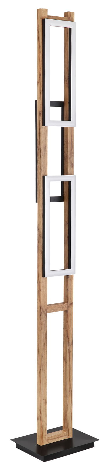 Moderne Stehleuchte aus Holz und Metall mit rechteckigen Rahmen, seitliche Perspektive
