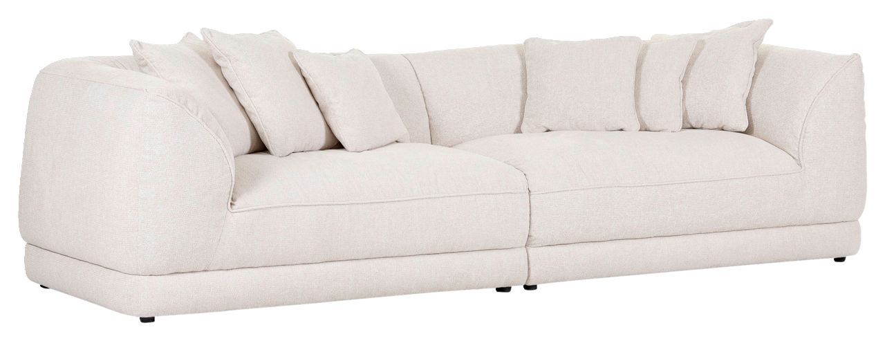 Beiges Big-Sofa mit mehreren Kissen, seitliche Perspektive