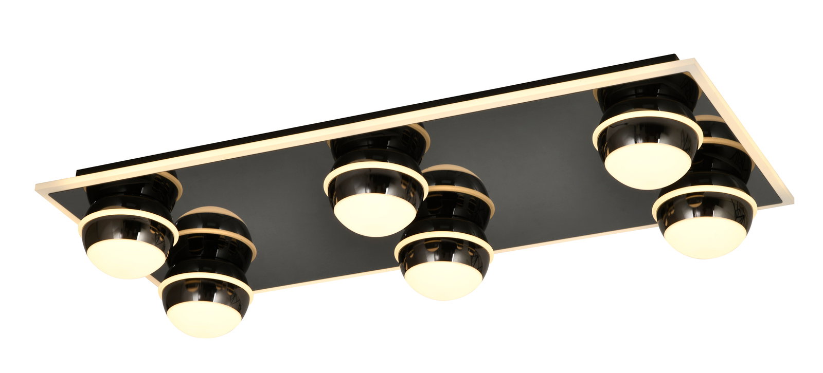 Moderne LED-Deckenleuchte mit sechs kugelförmigen Leuchten auf einer rechteckigen Platte, seitliche Perspektive