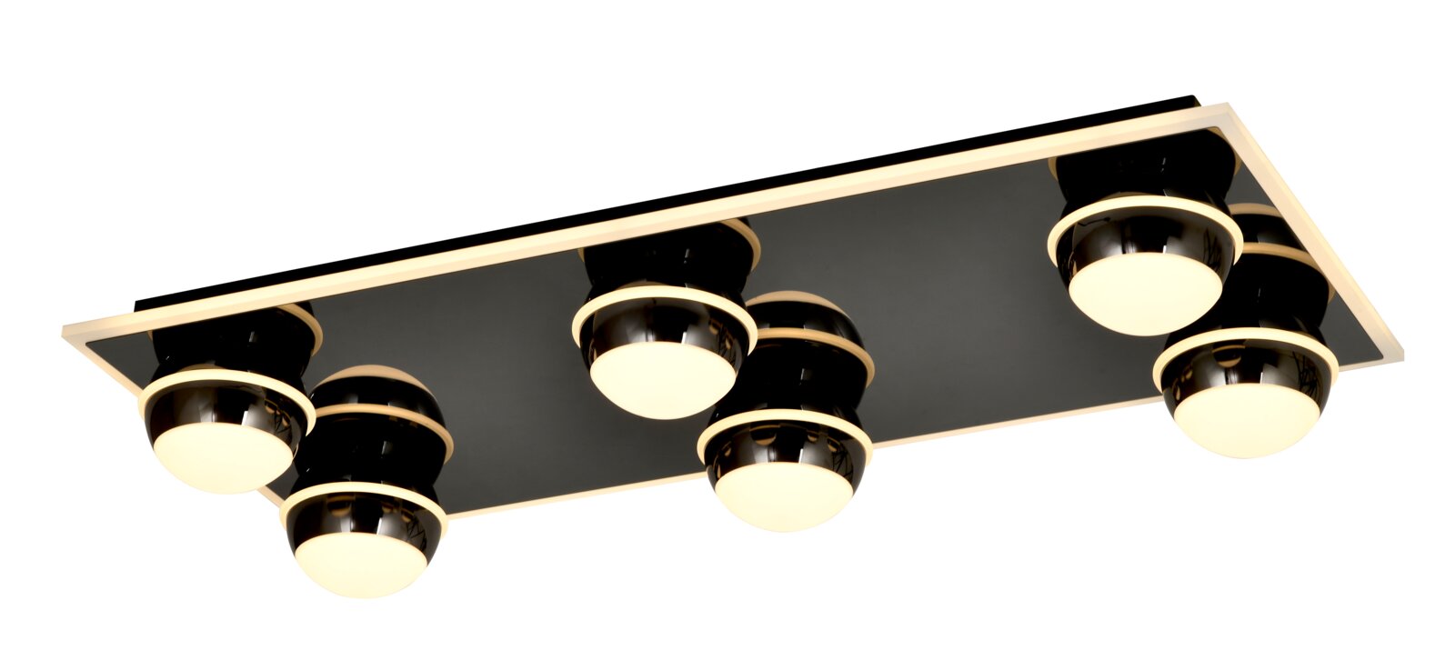 Moderne led-plafondlamp met zes bolvormige lampen op een rechthoekige plaat, zijaanzicht