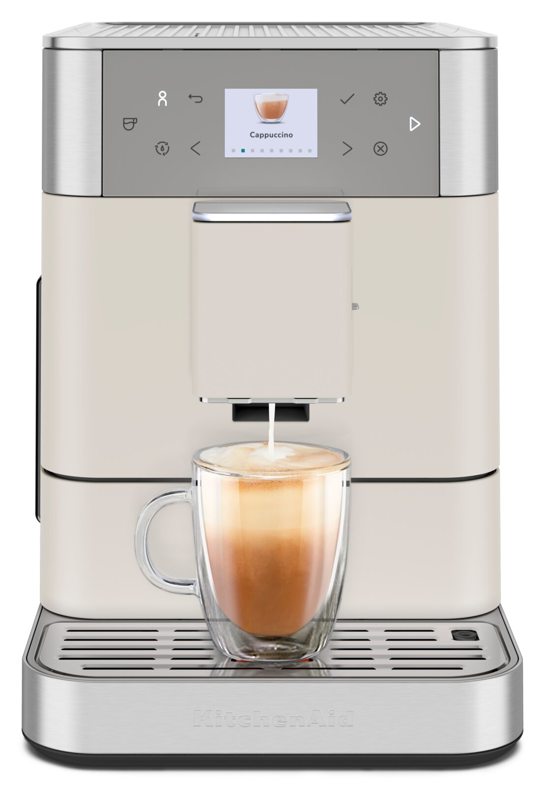 KitchenAid Kaffeevollautomat KF6 5KES8556EPL Frontansicht eines Kaffeevollautomaten mit einer Tasse Cappuccino unter dem Auslauf.
