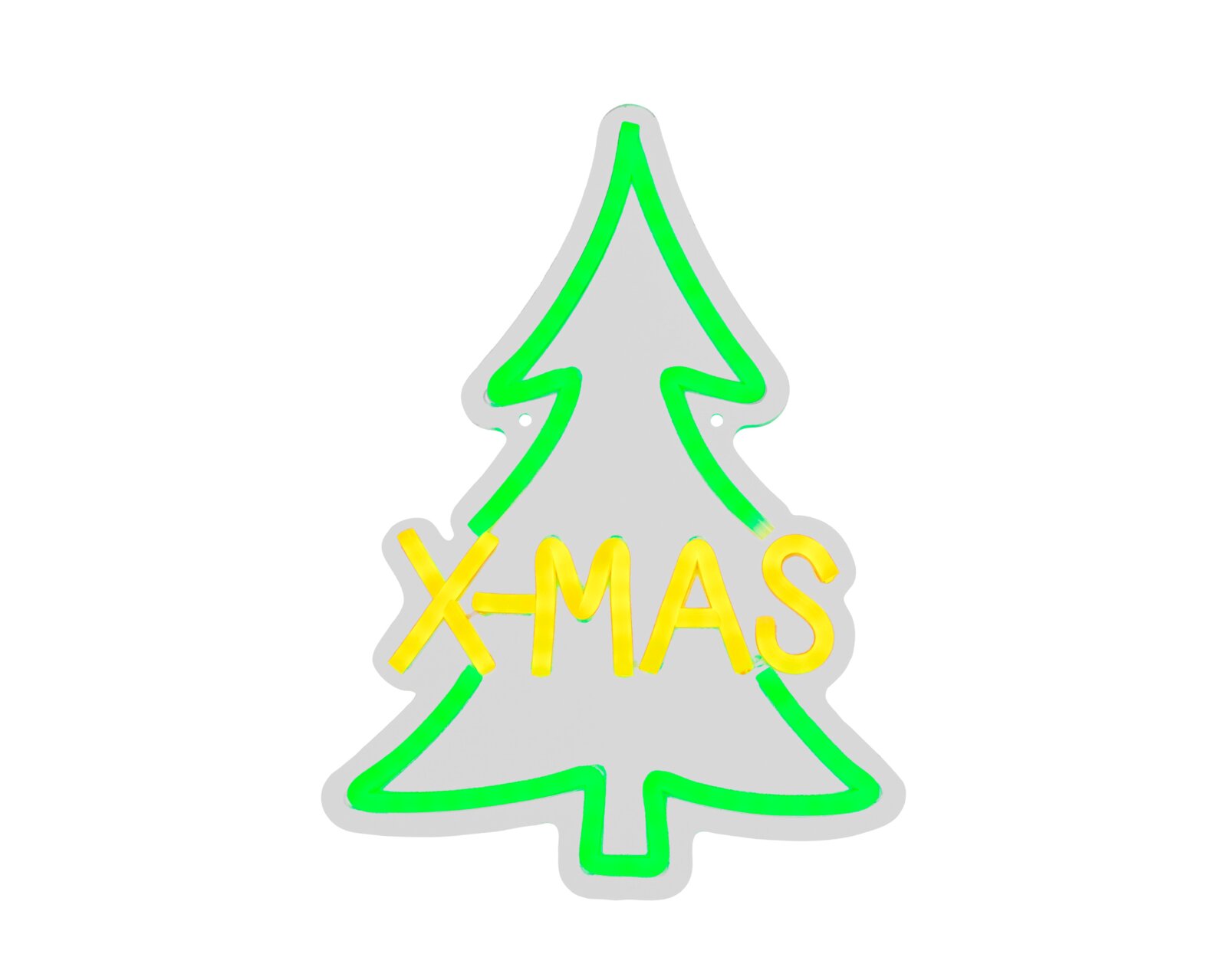 Weihnachtliche Leuchtdekoration in Form eines Tannenbaums mit grüner Kontur und gelbem X-MAS-Schriftzug, frontal vor weißem Hintergrund dargestellt