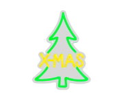 Weihnachtliche Leuchtdekoration in Form eines Tannenbaums mit grüner Kontur und gelbem X-MAS-Schriftzug, frontal vor weißem Hintergrund dargestellt