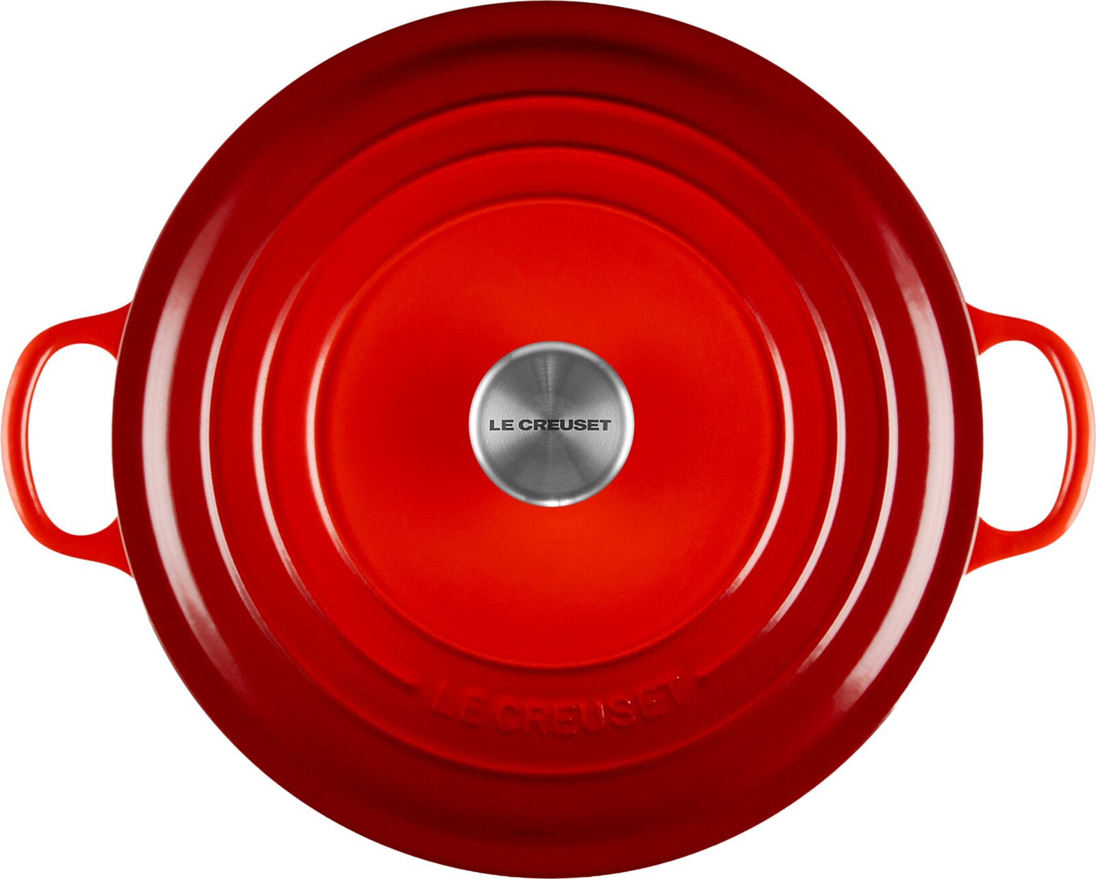 Roter runder Le Creuset Bräter mit Deckel, zwei Seitengriffen und Edelstahlknauf, aus der Vogelperspektive