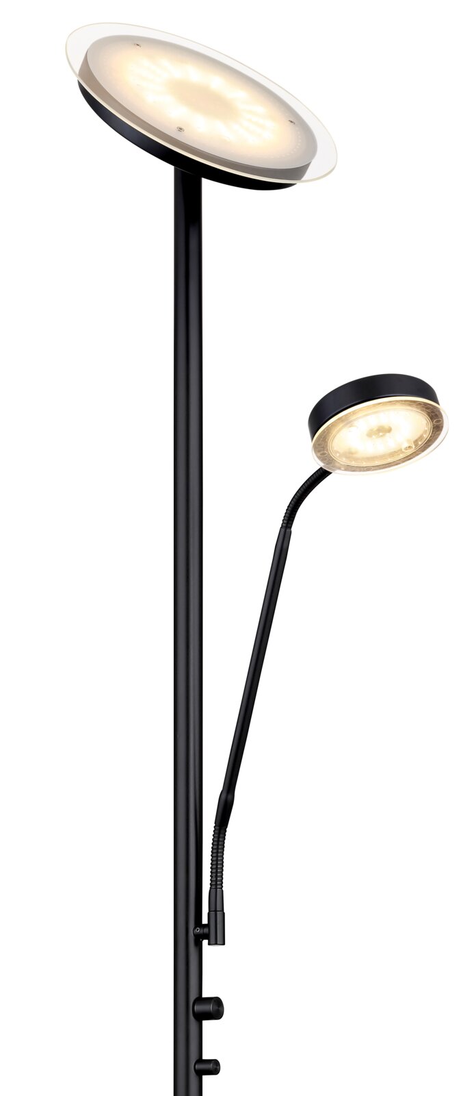 Moderne Stehleuchte mit zwei runden LED-Leuchten, seitliche Perspektive