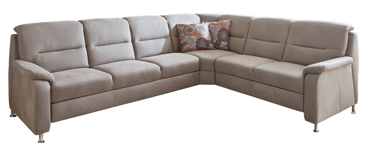 Eckgarnitur Beldomo Comfort ERFURT in beigem Stoff mit zwei gemusterten Kissen, Perspektive von vorne links