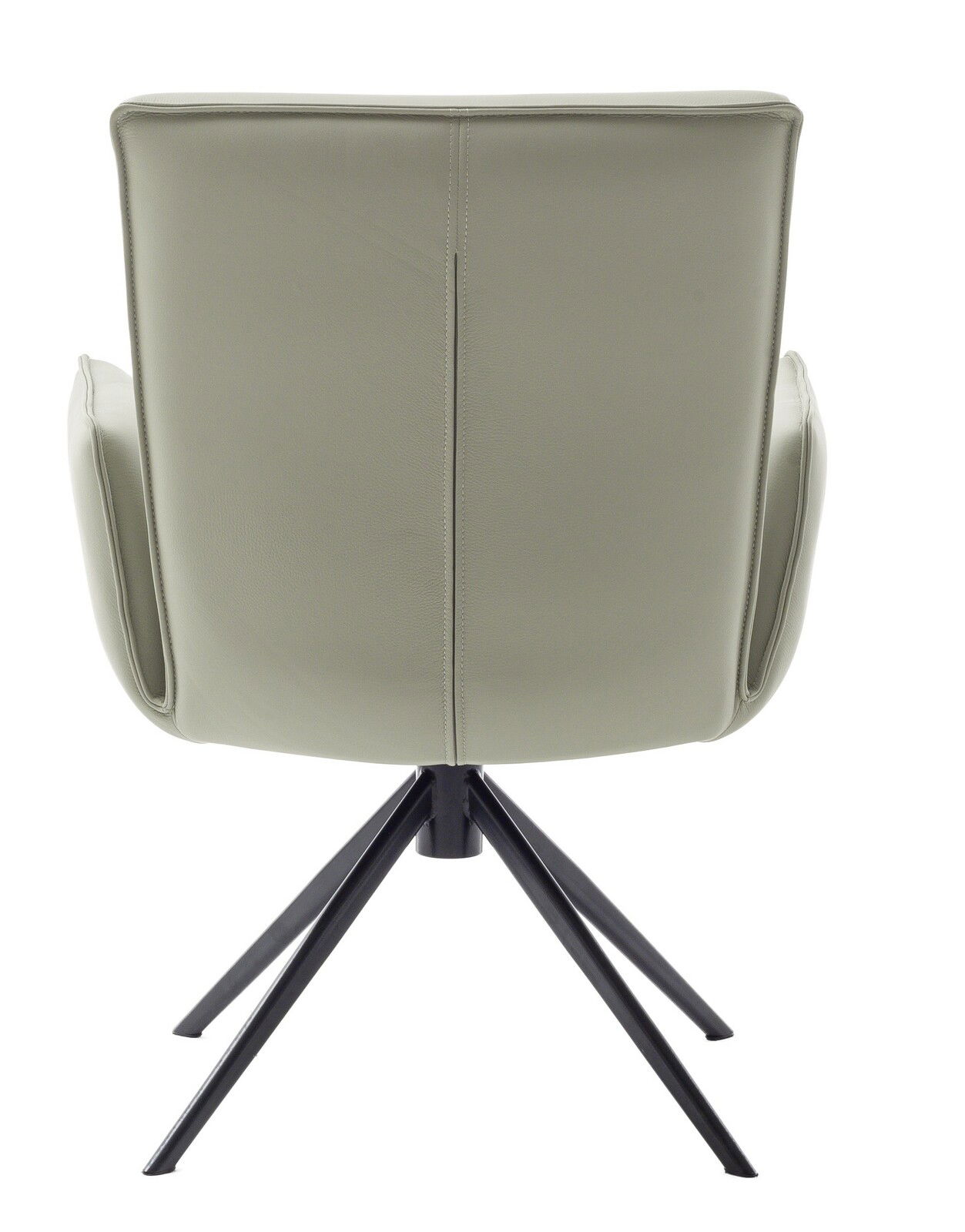 Rückansicht eines modernen Sessels mit hellgrauem Lederbezug und schwarzem Metallgestell.