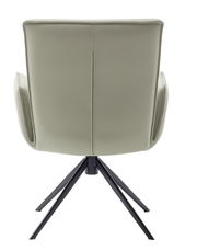 Rückansicht eines modernen Sessels mit hellgrauem Lederbezug und schwarzem Metallgestell.