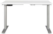 Moderner E-Schreibtisch 120x80 cm in Frontalansicht mit weißer Tischplatte und grauen Metallbeinen.