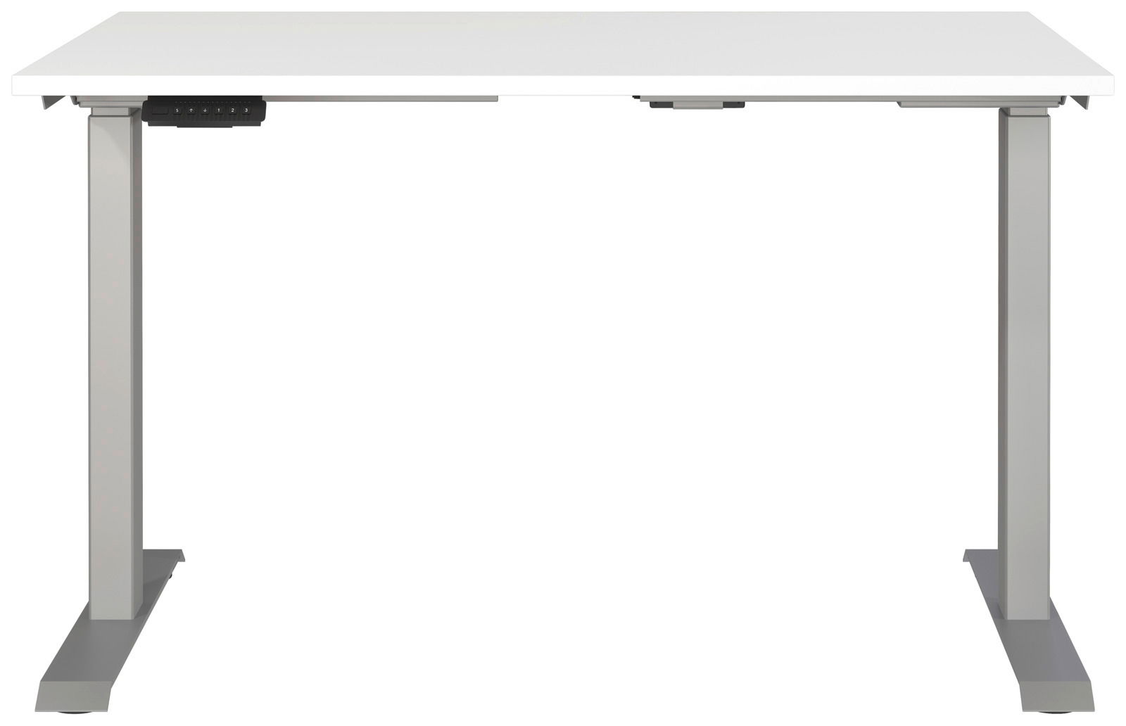 Moderner E-Schreibtisch 120x80 cm in Frontalansicht mit weißer Tischplatte und grauen Metallbeinen.