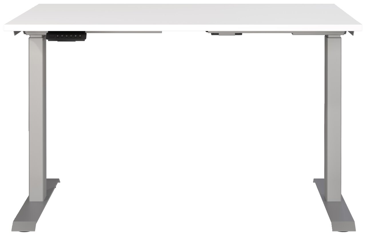 Moderner E-Schreibtisch 120x80 cm in Frontalansicht mit weißer Tischplatte und grauen Metallbeinen.
