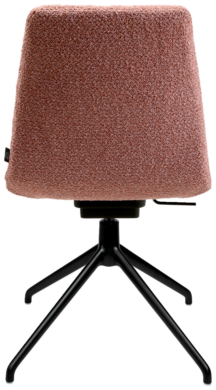 Rückansicht eines modernen Stuhls mit rosa gepolsterter Rückenlehne und schwarzem Metallgestell.