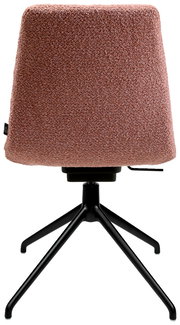 Rückansicht eines modernen Stuhls mit rosa gepolsterter Rückenlehne und schwarzem Metallgestell.