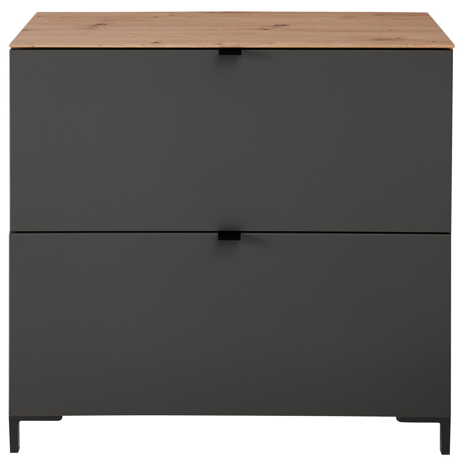 Moderner Hänge-Schuhschrank in dunklem Grau mit Holzoberfläche, frontale Ansicht