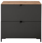 Moderner Hänge-Schuhschrank in dunklem Grau mit Holzoberfläche, frontale Ansicht