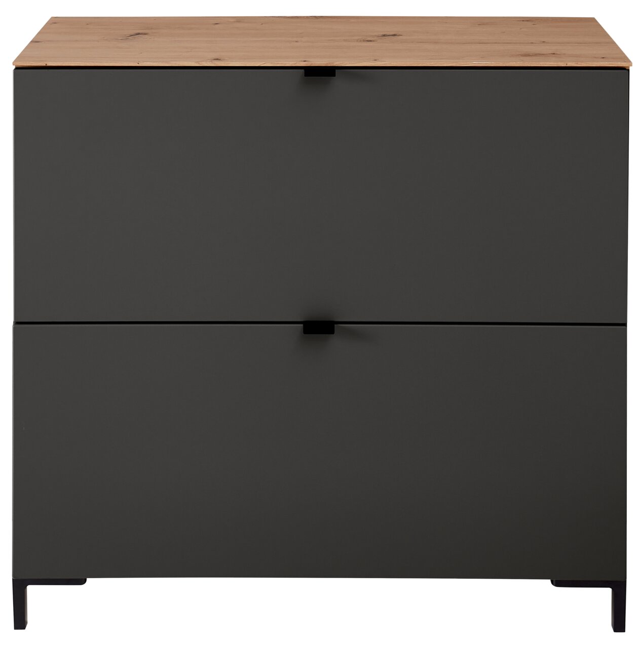 Moderner Hänge-Schuhschrank in dunklem Grau mit Holzoberfläche, frontale Ansicht