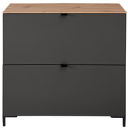 Moderner Hänge-Schuhschrank in dunklem Grau mit Holzoberfläche, frontale Ansicht