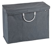 Grauer Wäschesortierer mit Deckel und Tragegriff, seitliche Perspektive