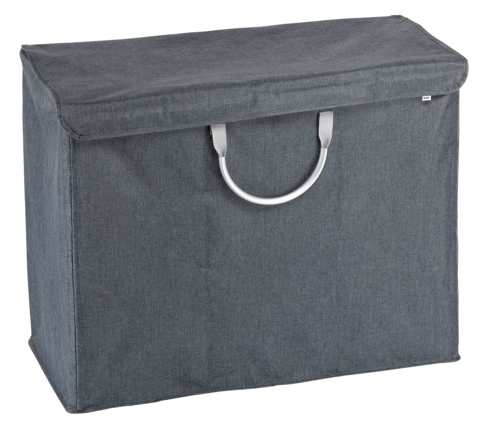 Grauer Wäschesortierer mit Deckel und Tragegriff, seitliche Perspektive