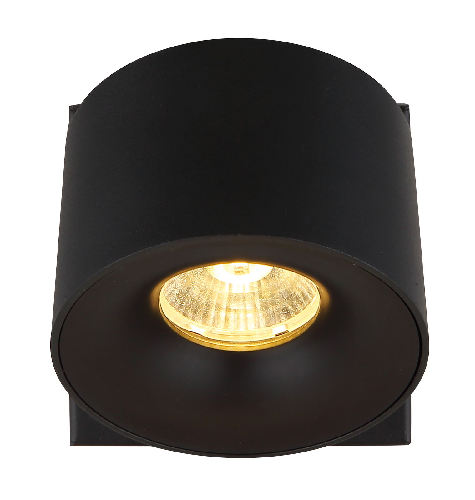 Schwarzer LED-Strahler von Globo Lighting, Ansicht von unten mit leuchtendem Licht.