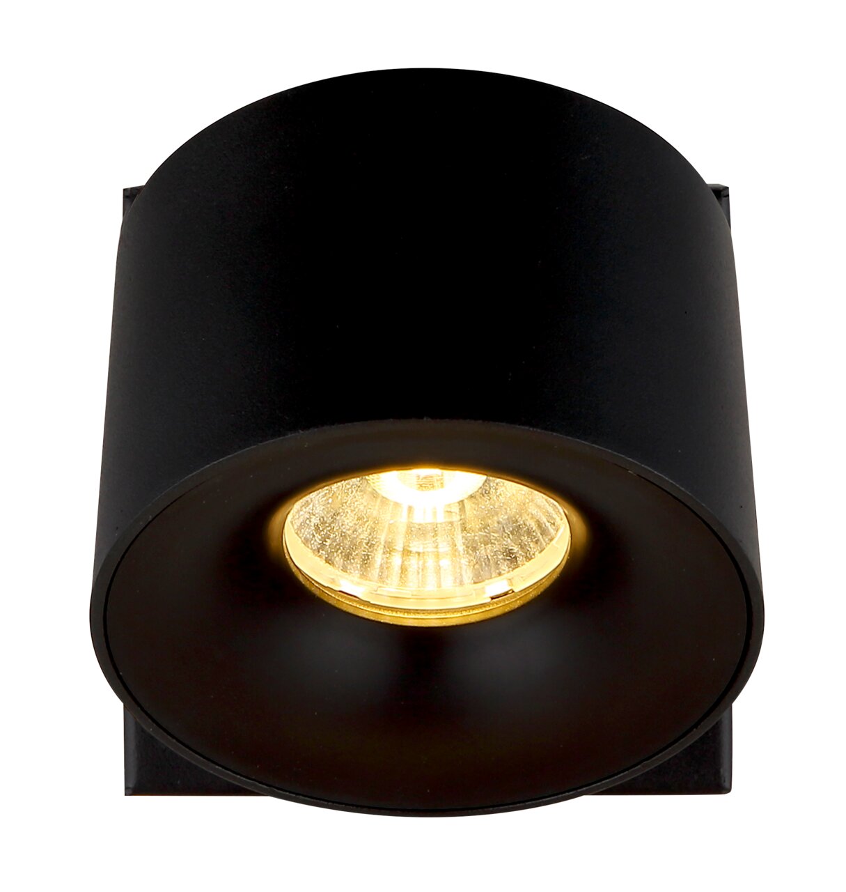 Schwarzer LED-Strahler von Globo Lighting, Ansicht von unten mit leuchtendem Licht.