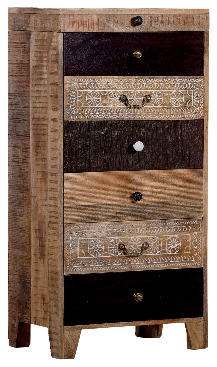 Landscape Schubkastenkommode mit Spiegel PUNO Schubkastenkommode aus Holz mit fünf Schubladen, verziert mit verschiedenen Griffen und Mustern, seitliche Perspektive