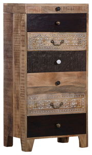 Schubkastenkommode aus Holz mit fünf Schubladen, verziert mit verschiedenen Griffen und Mustern, seitliche Perspektive