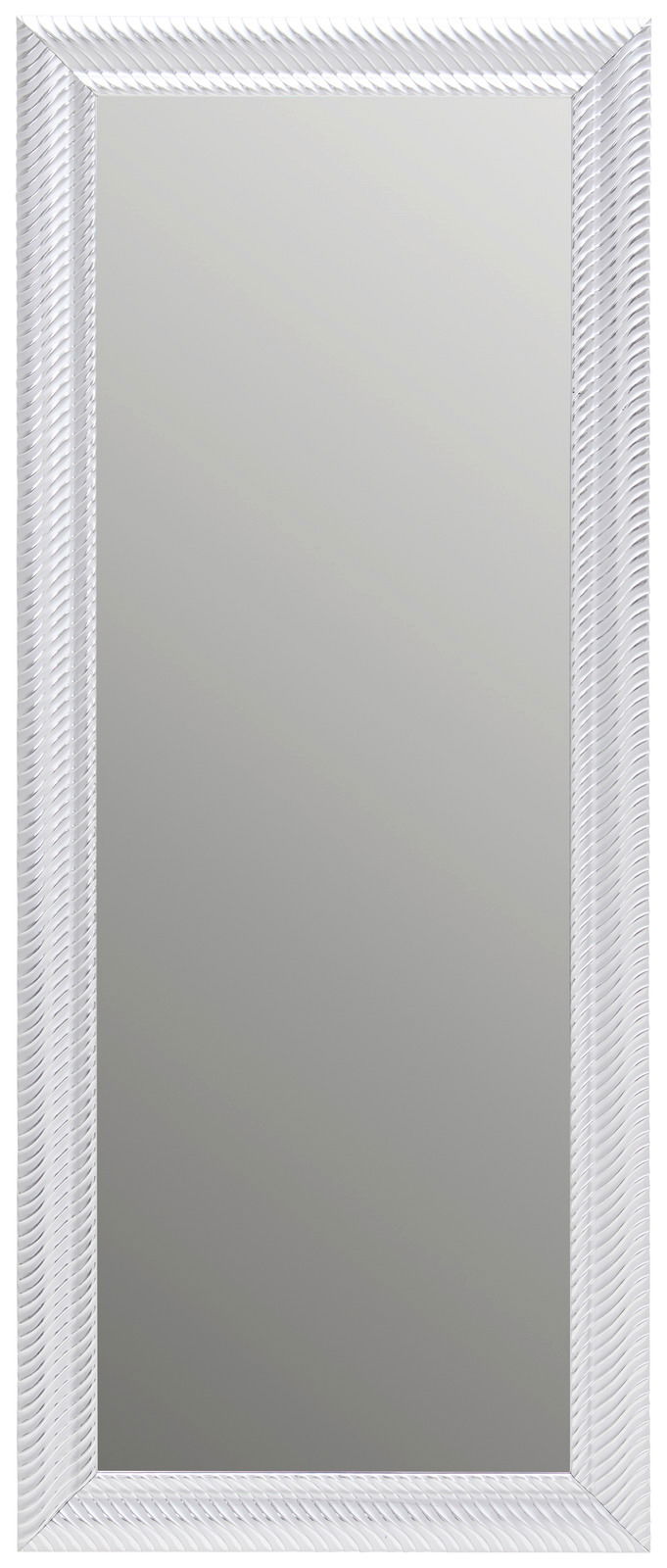 Rechteckiger Spiegel mit weißem, strukturiertem Rahmen, frontal abgebildet.
