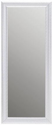 Rechteckiger Spiegel mit weißem, strukturiertem Rahmen, frontal abgebildet.