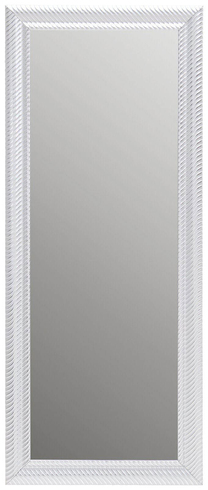 Rechteckiger Spiegel mit weißem, strukturiertem Rahmen, frontal abgebildet.