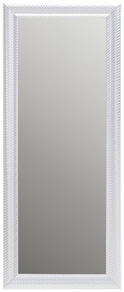 Rechteckiger Spiegel mit weißem, strukturiertem Rahmen, frontal abgebildet.