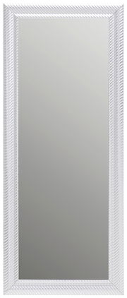 Rechteckiger Spiegel mit weißem, strukturiertem Rahmen, frontal abgebildet.
