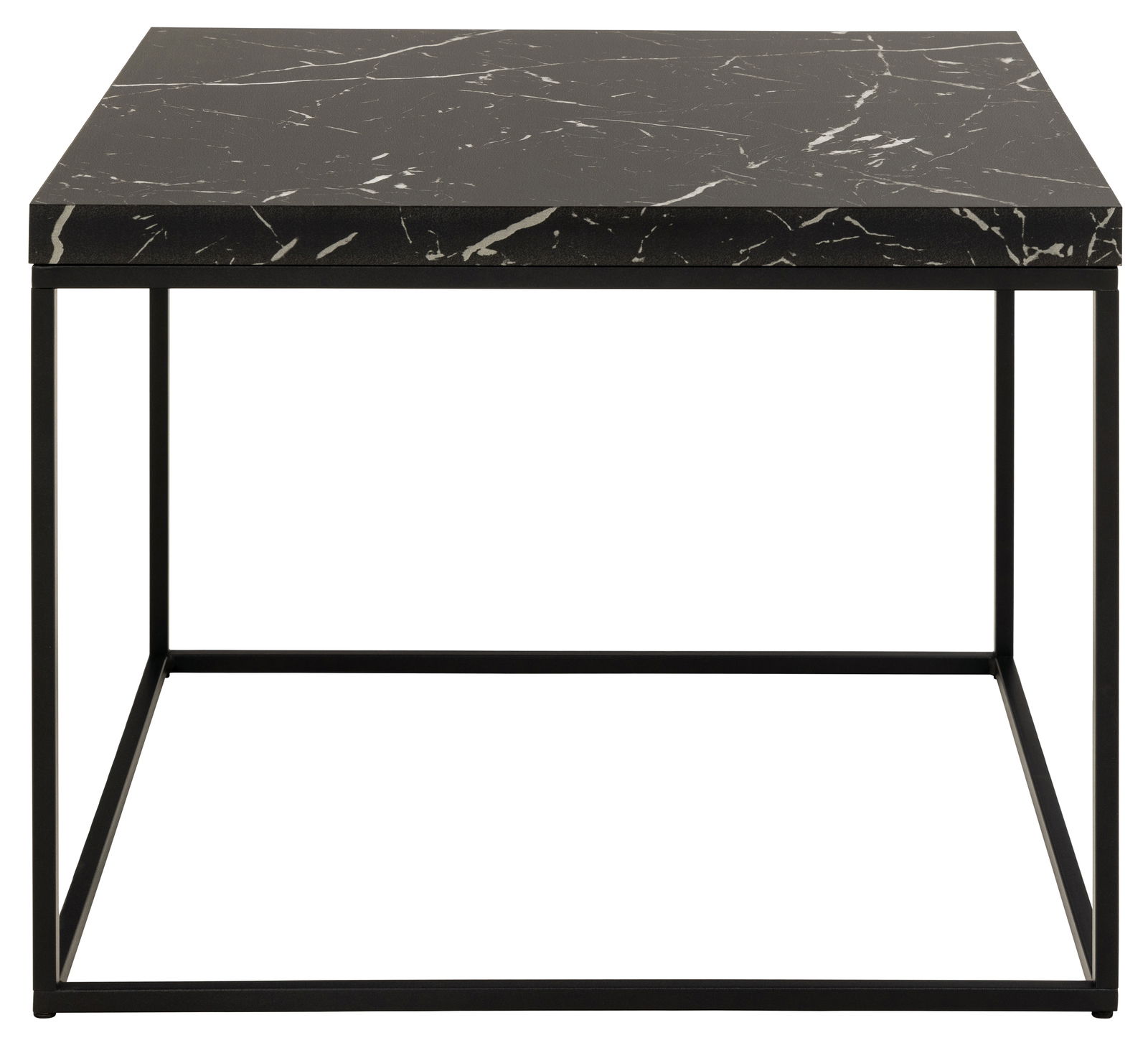 Moderner Couchtisch mit schwarzer Marmorplatte und filigranem Metallgestell, Frontalansicht