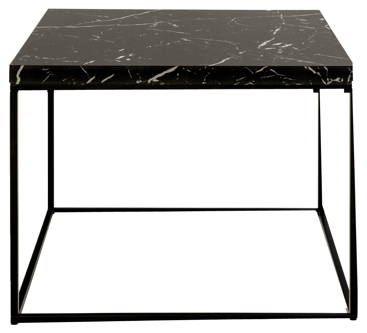 Moderner Couchtisch mit schwarzer Marmorplatte und filigranem Metallgestell, Frontalansicht