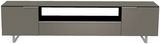 Frontansicht eines modernen XL TV-Lowboards in grauer Farbe mit zwei Türen und einem offenen Fach in der Mitte.