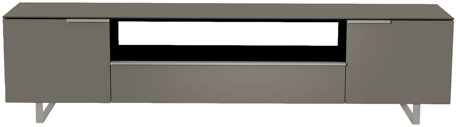 Frontansicht eines modernen XL TV-Lowboards in grauer Farbe mit zwei Türen und einem offenen Fach in der Mitte.