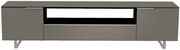Frontansicht eines modernen XL TV-Lowboards in grauer Farbe mit zwei Türen und einem offenen Fach in der Mitte.