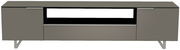 Frontansicht eines modernen XL TV-Lowboards in grauer Farbe mit zwei Türen und einem offenen Fach in der Mitte.