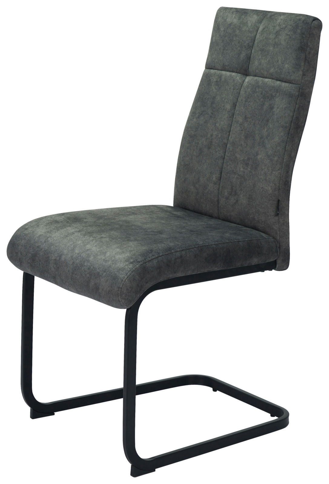 Moderner Schwingstuhl in dunklem Grau mit schwarzem Metallgestell, seitliche Perspektive