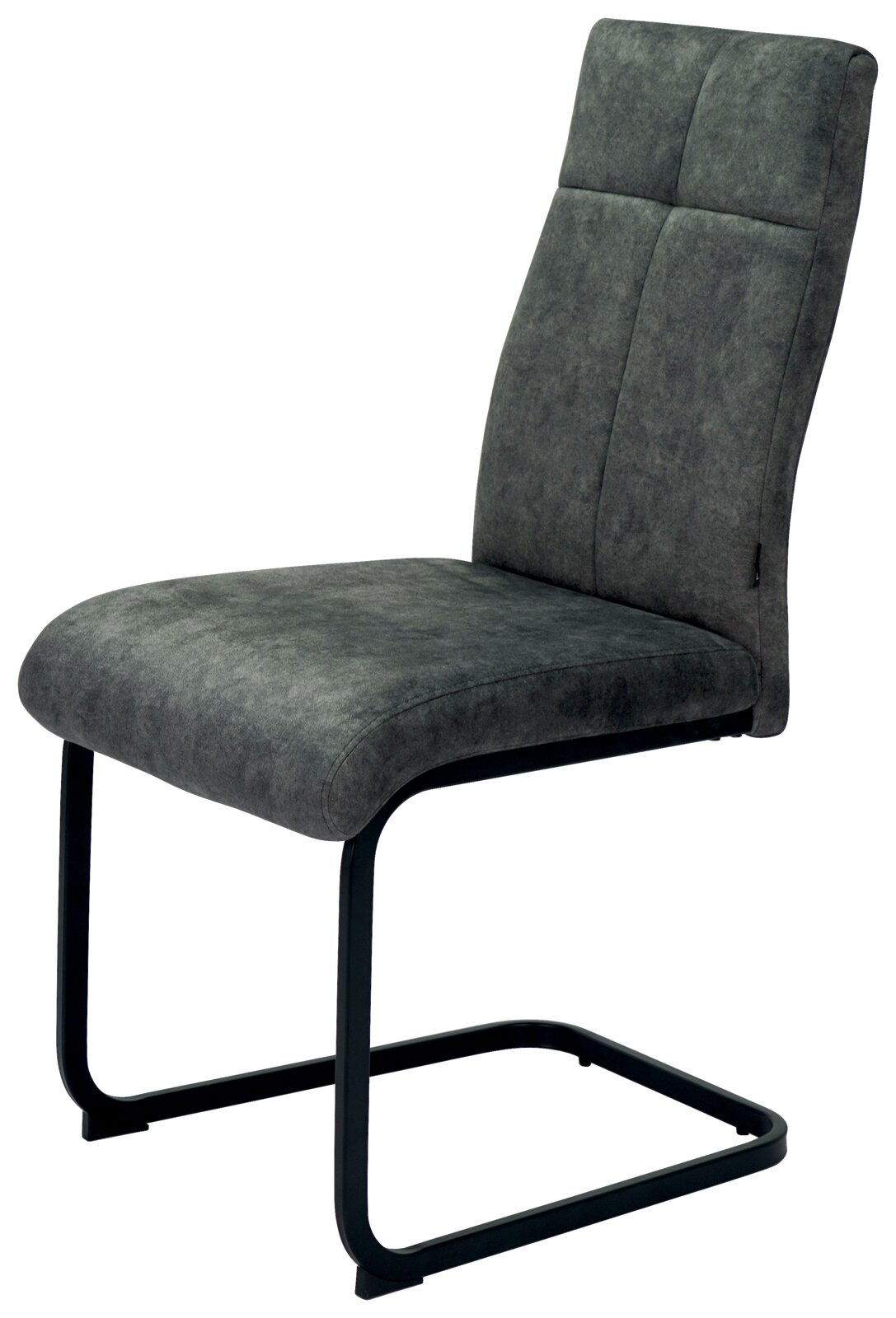 Moderner Schwingstuhl in dunklem Grau mit schwarzem Metallgestell, seitliche Perspektive