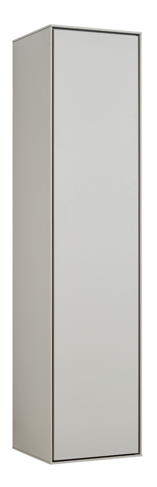 Voleo Hangende garderobekast RENO Slanke, hoge kast met een glad front in lichtgrijs en een metalen frame, vrijstaand tegen een witte achtergrond, schuin van voren links gezien