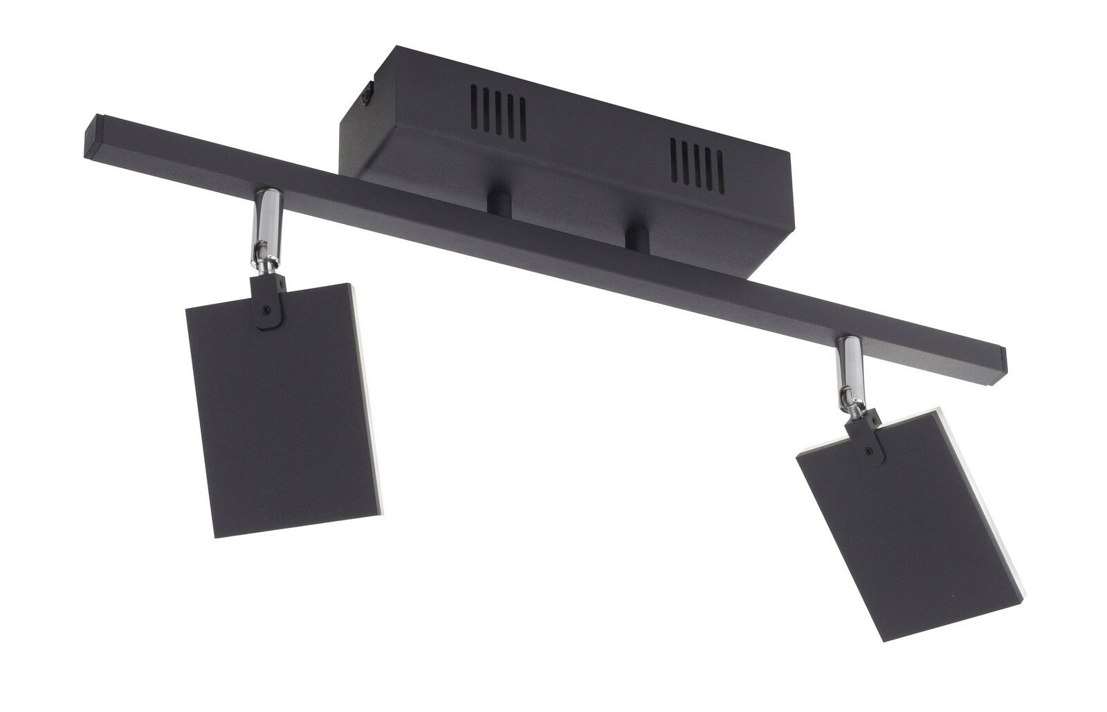 Moderne schwarze Deckenleuchte mit zwei rechteckigen Strahlern, seitliche Perspektive